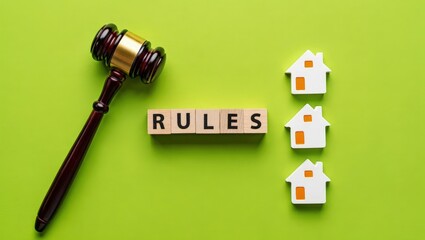 Blocks with the word Rules, a judge's gavel and miniature wooden houses. laws, regulations, and guidelines that govern the buying, selling, leasing, and managing of property. Flat lay