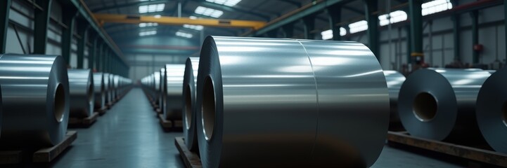 Obraz premium A spacious industrial warehouse featuring large rolls of metallic material, showcasing modern manufacturing and storage processes.
