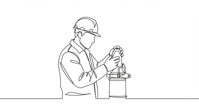 Single line drawing of worker inspecting industrial equipment with safety helmet