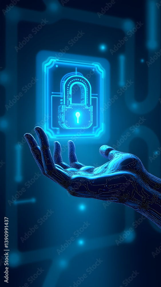 Aufkleber cybernetic hand with fractal key interacting with holographic hexagon firewall matrix.