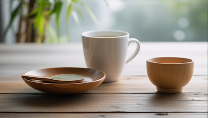 Fototapeta premium Simple still life featuring a white mug, wooden saucer with spoon and leaf, and wooden bowl on a wooden table, against a blurred green plant backdrop.