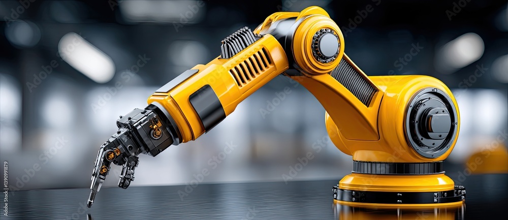 Poster a robotic arm in yellow, designed for precision tasks, showcasing advanced technology in a modern in