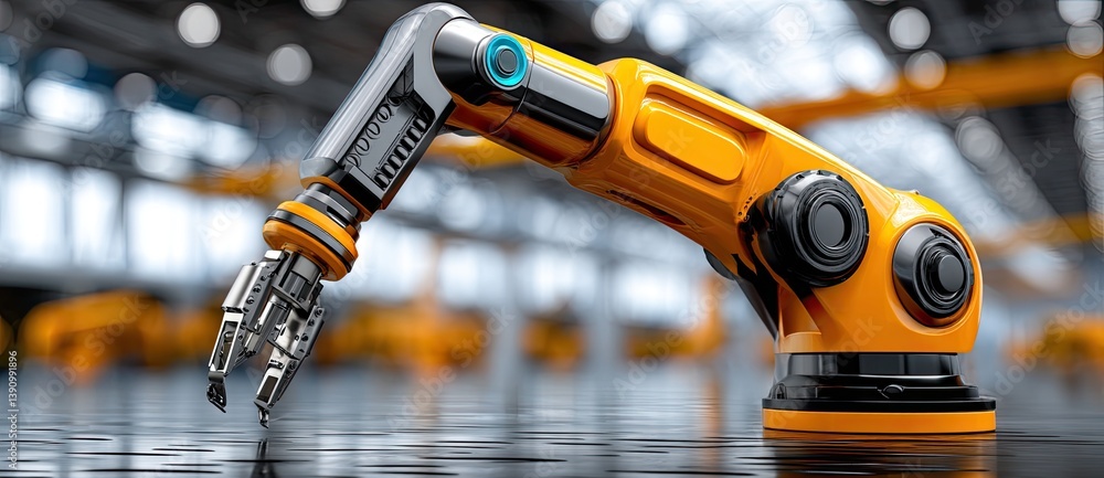 Poster a detailed robotic arm in a factory setting, showcasing its metallic structure and precision tools, 