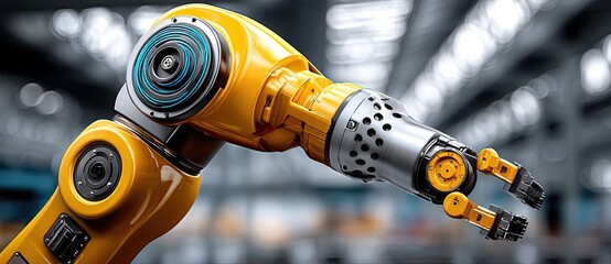 A close-up view of a yellow robotic arm with advanced technology, showcasing intricate details and mechanical components in a modern industrial setting.