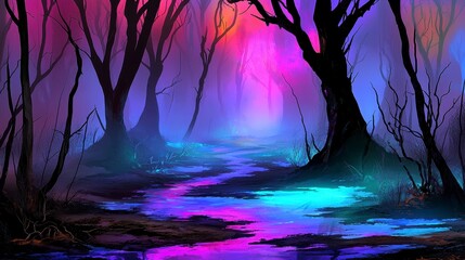 Fototapeta premium Mystical Forest Path at Night Purple and Blue Glowing Stream, Pixel Art