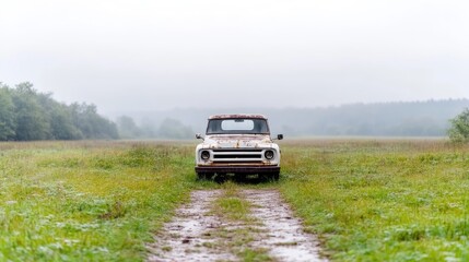 Rusty truck in a misty field. A weathered white pickup truck sits on a muddy track amidst a grassy field, under a hazy sky.  The truck shows signs of rust and age,