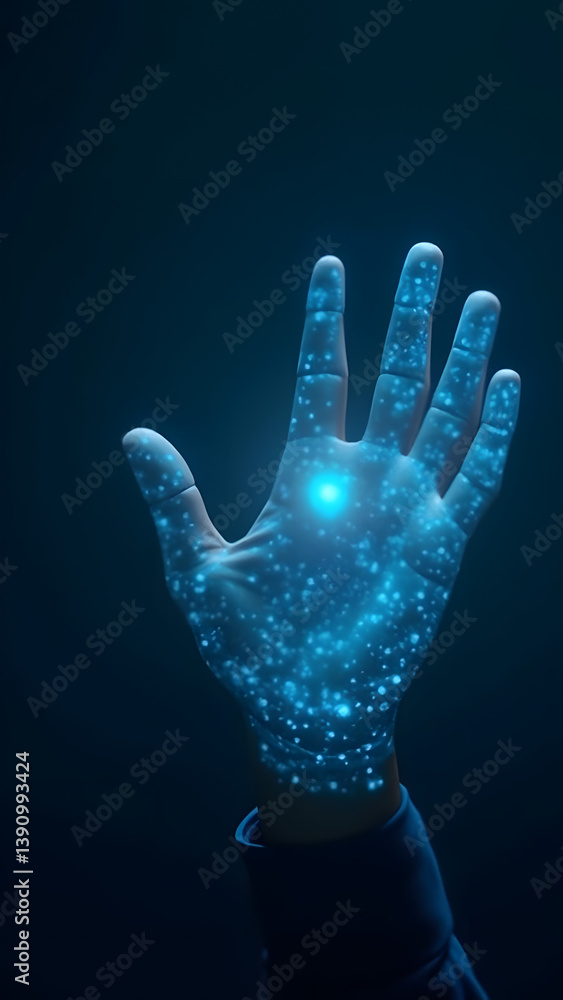 Aufkleber holographic hand authenticating on fractal palm scanner in data cosmos with security tokens.