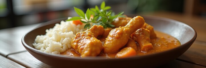 Savor the deliciousness of a warm chicken curry dish served with fluffy rice. A perfect choice for culinary promotions, restaurant menus, or food blogs.