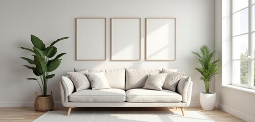 Fototapeta premium A cozy and modern living room featuring a stylish sofa, decorative pillows, and lush indoor plants, perfect for interior design inspiration.