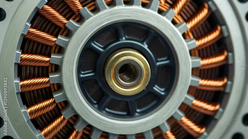 Poster intricate motor design engineering and simulation showcase precision with copper and metal machinery