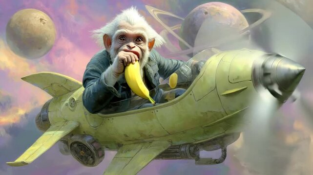 Monkey Enjoying a Banana While Flying in a Rocket Ship Generative AI