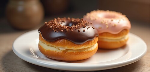 Indulge in the delightful allure of these gourmet donuts topped with rich chocolate and sweet pink icing, perfect for dessert menus or marketing materials.