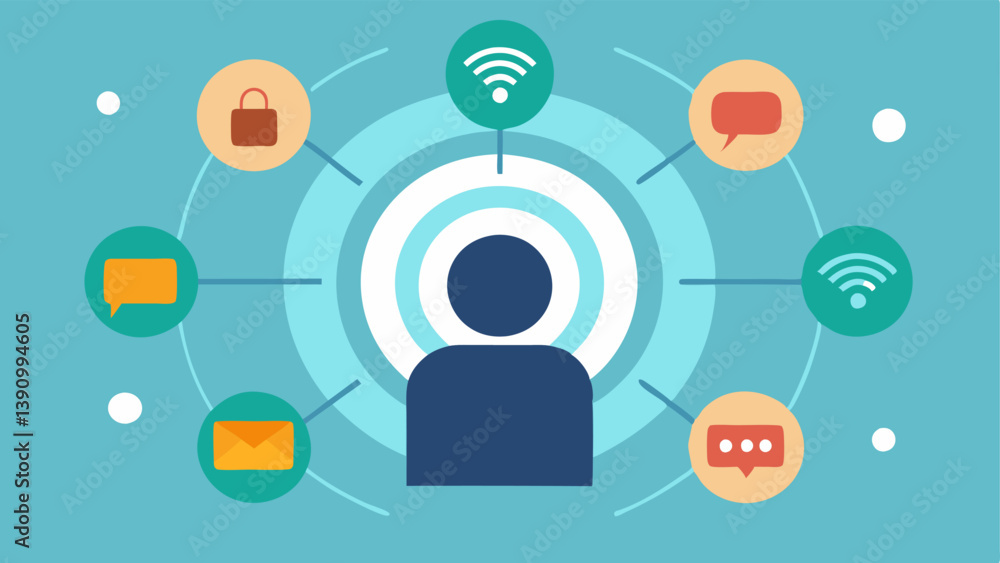 Poster distraction radar a radar screen depicting a person at the center with waves emanating towards multi