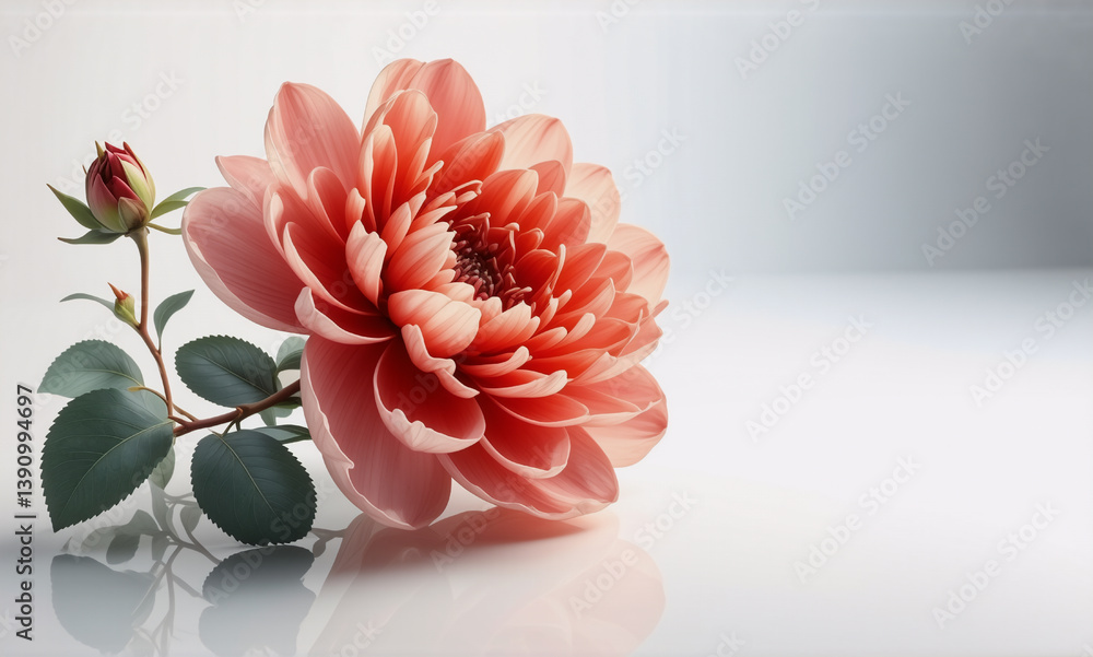 Poster delicate peach flower with layered petals displayed on white. bud and green leaves complement the bl