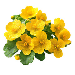 A Cluster of Small Vibrant Yellow Marsh Marigolds Isolated on Transparent Background