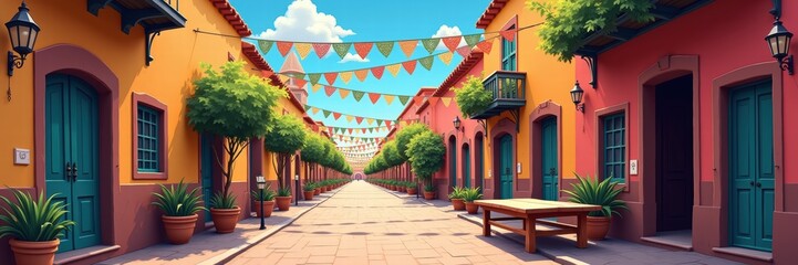 A vibrant, colorful street adorned with festive bunting and lush greenery, perfect for travel promotions, cultural events, or outdoor dining experiences.