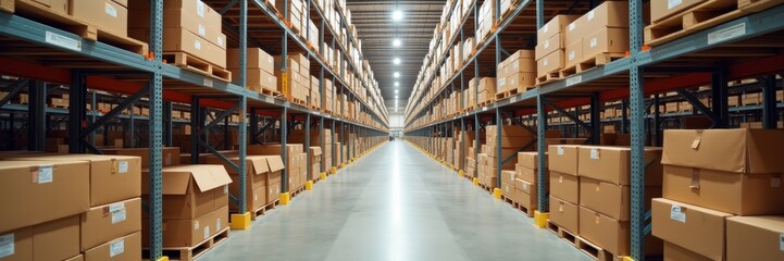 A spacious warehouse interior filled with neatly stacked boxes, showcasing an organized storage solution for logistics and inventory management.