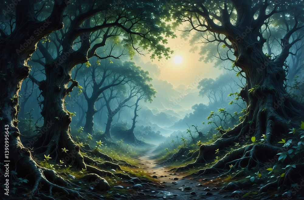 Poster a path winds through an enchanted forest, framed by large trees and roots. sunlight filters through 