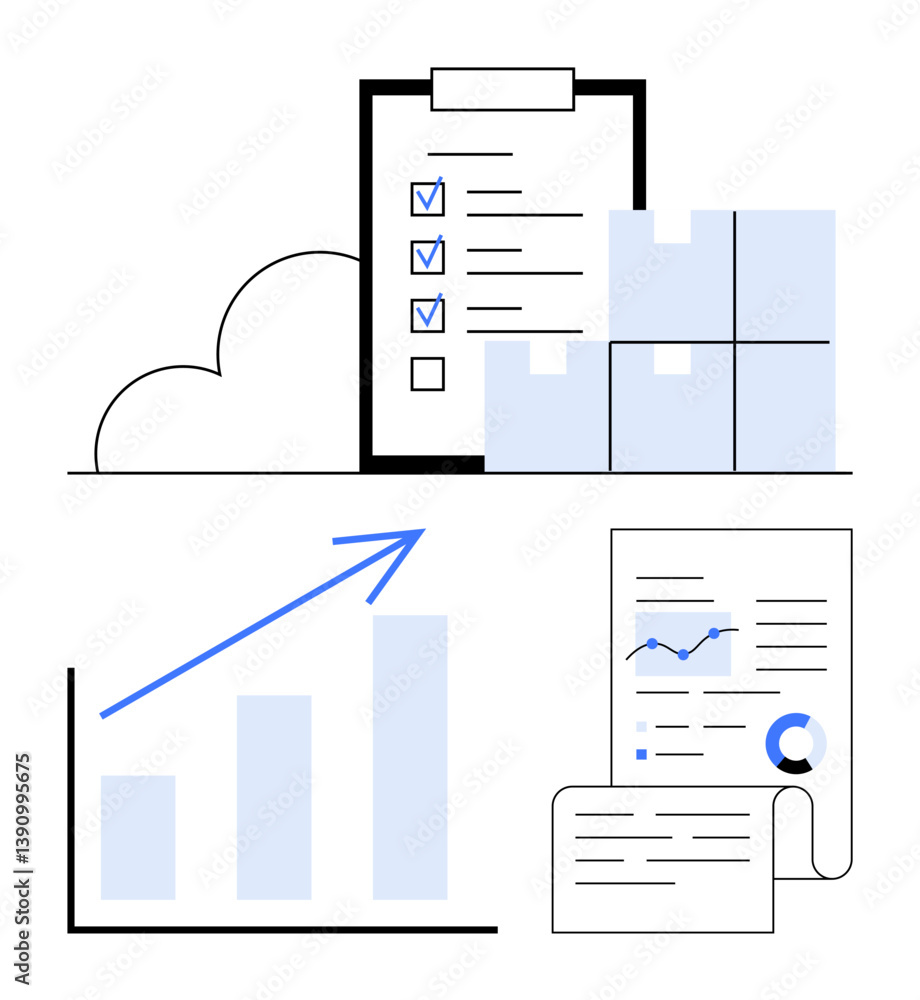 Poster clipboard checklist with completed tasks, stacked boxes, rising bar graph, and report with data char