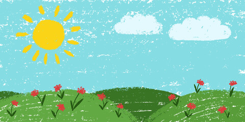 Grass and sky background. Crayon kid landscape with spring field. Vector green grass, flower, blue sky, cloud child wax pastel painting. Spring nature meadow landscape crayon illustration background