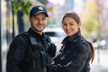 Fototapeta premium Team, security guard or safety officer portrait on the street for protection, patrol or watch. Law enforcement, smile and duty with a crime prevention unit man and woman in uniform in the city