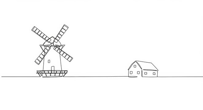 Minimalist countryside vista: Single continuous line drawing of windmill and farmhouse