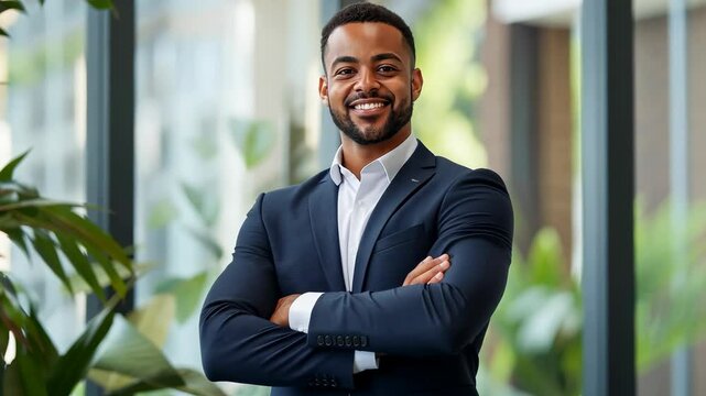 A young man dressed dark business suit , white shirt stands confidently his arms crossed. A smile adorns his face, suggesting competence , assurance. The background is bright modern office large