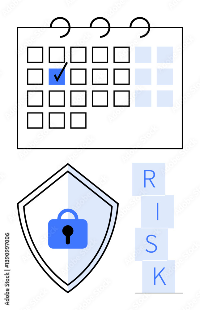 Poster calendar with marked date, secure shield with padlock icon, and stacked risk blocks. ideal for plann