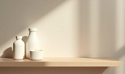 A minimalist display of white ceramic bottles and a bowl on a wooden shelf, capturing natural light and creating a serene atmosphere.