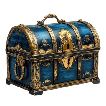 Vintage ornate treasure chest, antique blue wood jewelry box with gold filigree, decorative pirate trunk with brass hardware on white background