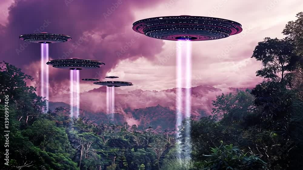 Poster mysterious alien spacecraft appear over dense forest at twilight generative ai