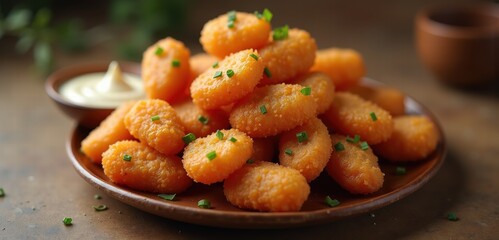 Fototapeta premium Golden fried nuggets with dip in a dark bowl, ideal for fast food menus, delivery apps and snack ads