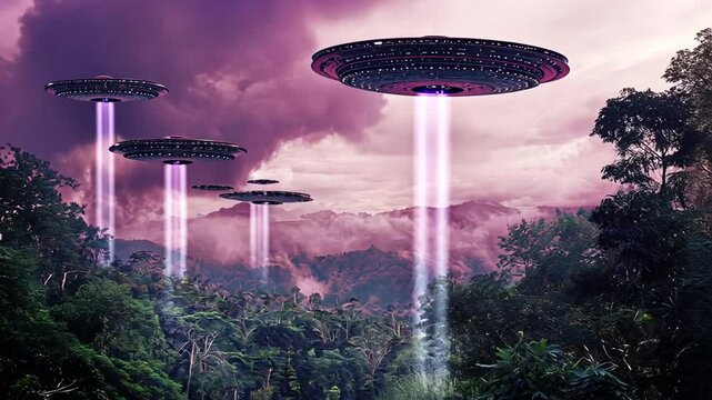 Mysterious Alien Spacecraft Appear Over Dense Forest at Twilight Generative AI