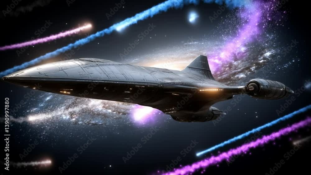 Poster spaceship navigating through vibrant galaxies and nebulae in space generative ai