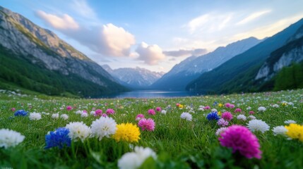 Fototapeta premium Alpine Wildflowers Lake Mountains Vivid Landscape High-resolution Ground-level View Diverse Blooms Peaceful Serenity Picturesque Mountain Scenery Vibrant Springtime Ideal for Nature Calendars