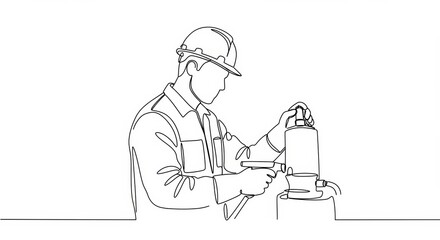 Minimalist continuous line drawing of an industrial worker checking equipment