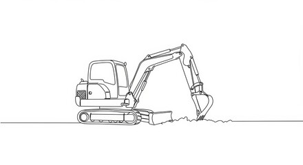 Naklejka premium Minimalist line drawing of a mini excavator at work digging a trench illustration