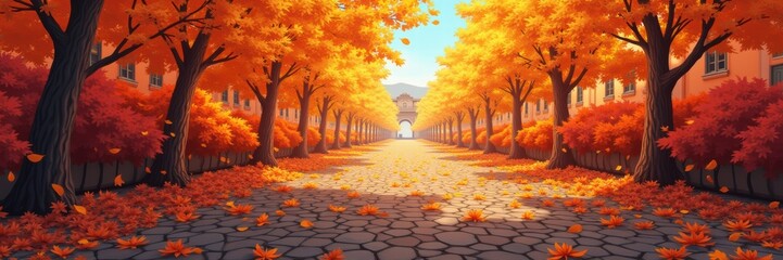 A vibrant autumn pathway lined with orange leaves creates a serene and inviting atmosphere, perfect for fall-themed projects, nature designs, or seasonal promotions.