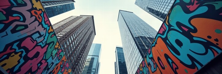 Obraz premium Vibrant street art meets urban architecture in this dynamic low-angle shot, perfect for conveying creativity and city life.