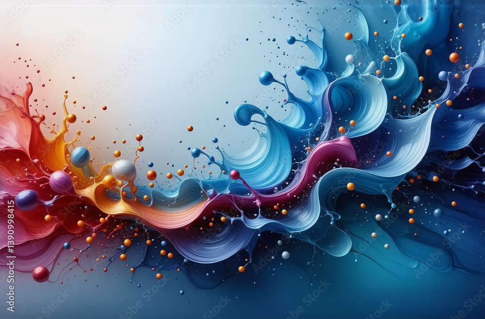 Poster vibrant paint splashes in blue, red, and orange create a dynamic abstract design. fluid motion and v