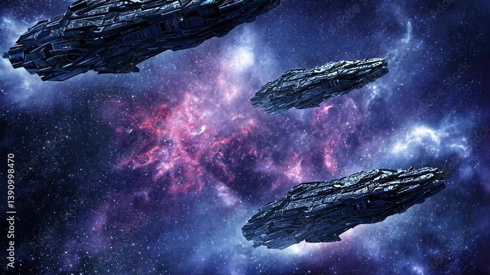 Poster fleet of space ships navigating through vibrant outer space generative ai