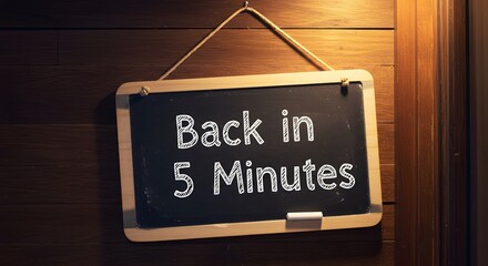A blackboard hanging on a wooden wall says back in minutes with a rope hanger visible above