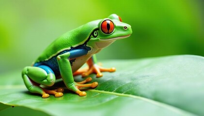 Naklejka premium Green tree frog perched on white, vibrant colors, reptile, tree frog