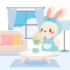 Adorable Cartoon Bunny Cleaning a Living Room. Cute Pastel Rabbit Housekeeping Scene. Kawaii Bunny Tidying Up with Spray Bottle.