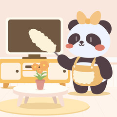 Cute Panda Dusting the Living Room. Adorable Cartoon Panda Housekeeping. Kawaii Panda Cleaning with a Feather Duster.