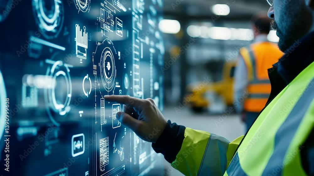 Poster A worker in safety vest interacting with large digital interface in industrial environment. The screen displays technical diagrams , data visualizations, highlighting technology in modern workplace.