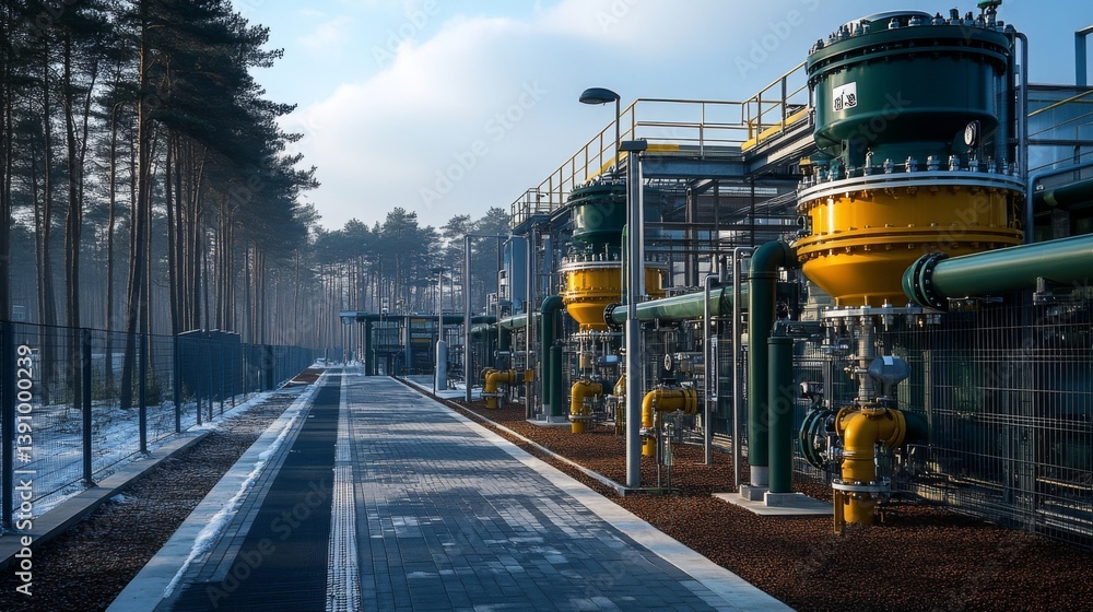 Fototapete extraction equipment and pipelines are visible alongside a pathway in a forested area, designed for 