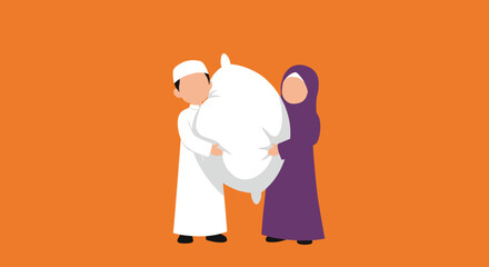 Obraz premium Moslem Couple in Traditional Attire Carrying a Large White Object Against an Orange Background
