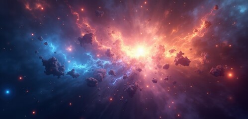 Fototapeta premium A stunning cosmic scene showcasing a vibrant nebula with swirling colors and celestial elements, perfect for science, technology, and creative projects.