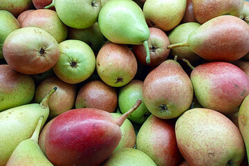 A vibrant collection of ripe red and green pears in a grocery or market setting, ideal for health, nutrition, and fresh produce content.